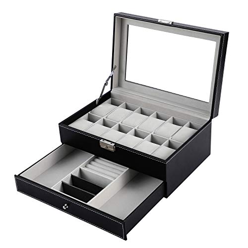 Book Cover BASTUO 12 Jewelry Display Case Watch Box Organizer Holder with Jewelry Drawer for Storage, Men's Watch Storage Case Tray with Key&Lock, Black PU Leather with Glass Top
