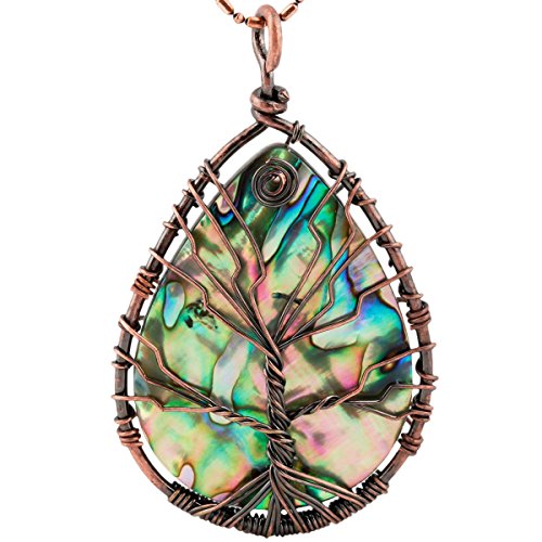 Book Cover SUNYIK Teardrop Rainbow Abalone Shell Tree of Life Pendant Necklace