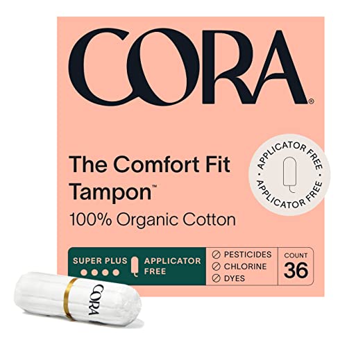 Book Cover Cora 100% Organic Cotton Non-Applicator Tampons | Super Plus Absorbency | Applicator-Free | Leak Protection | Ultra-Absorbent | Unscented | Packaging May Vary (36 Count)