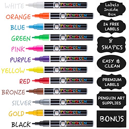 Book Cover Professional Artist Quality Fine Tip Chalk Markers - Set of 12 Color Liquid Pens Dry Erase + BONUS 24 Chalkboard Stickers