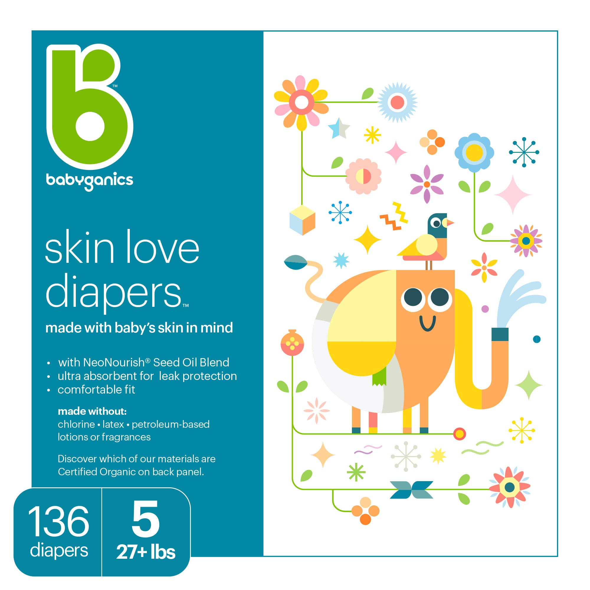 Book Cover Baby Diapers, 27 lbs+, Size 5 (136 Count) - Babyganics Ultra Absorbent, Unscented, Made without Chlorine, Latex Size 5 136 Count
