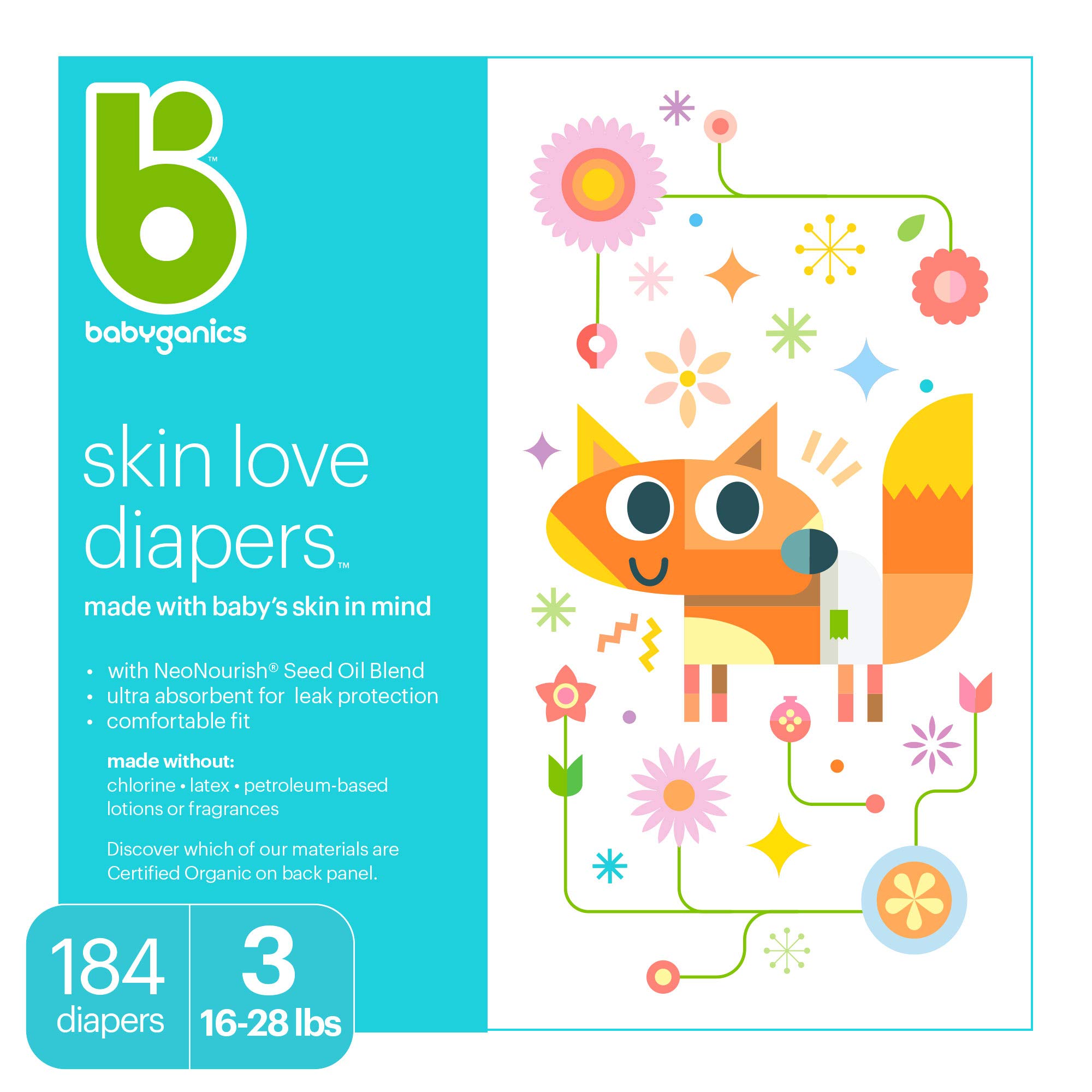 Book Cover Baby Diapers, Size 3 (16-28 lbs) 184 Count- Babyganics Ultra Absorbent, Unscented, Made without Chlorine, Latex Size 3 184 Count