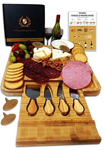 Book Cover Radiant Royals Cheese Board Set, Charcuterie Board, Cheese Cutting Plate, Bamboo Serving Tray with Cutlery Knives in Drawer, Big Meat Cracker Wood Platter Plate PLUS Large Space, Magnetic Safety Lock