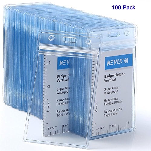 Book Cover KEYLION 100 Pack ID Card Name Badge Holder, Heavy Duty Clear Transparent Plastic PVC Vertical Sleeve Pouch with Waterproof Type Resealable Zip