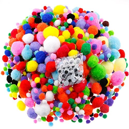 Book Cover Caydo 1400 Pieces 5 Sizes Multicolor Pom Poms Assorted Pompoms with 4 Sizes Wiggle Eyes for DIY, Crafts and Decorations