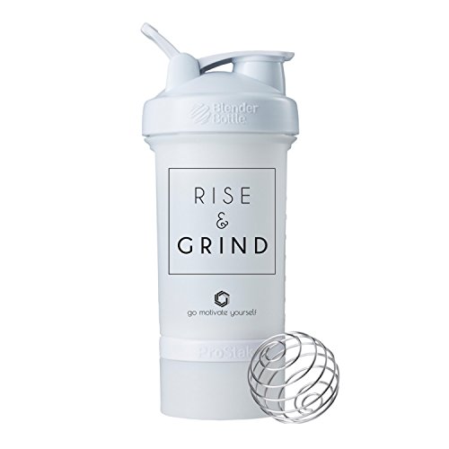 Book Cover Rise & Grind on BlenderBottle Brand ProStak Shaker Cup, 22-oz. Protein Shaker Bottle with BlenderBall Whisk and 2 Twist nâ€™ Lock Attachable containers (Rise & Grind - White)