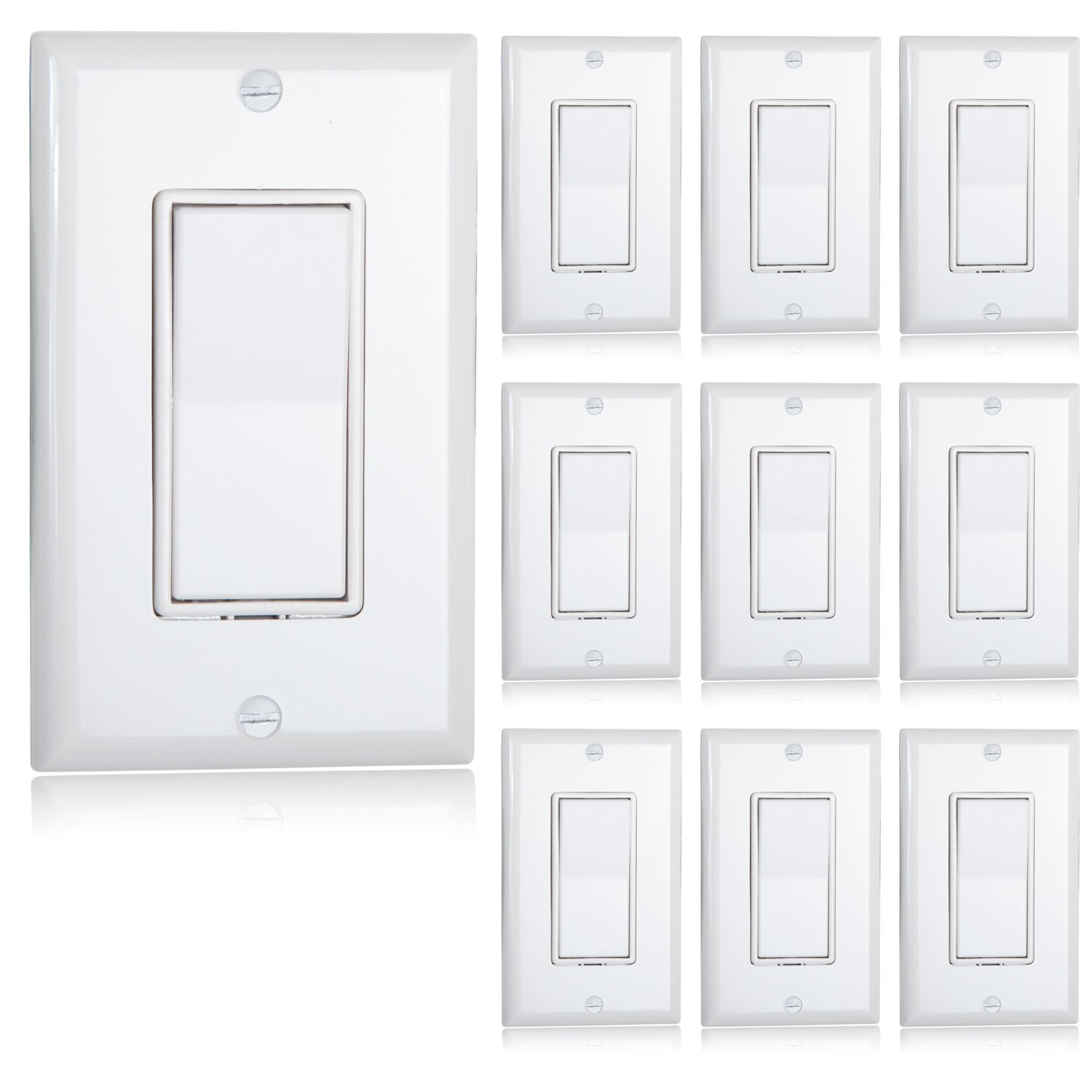 Book Cover Maxxima Single Pole Decorative Wall Switch 15A On/Off White, Rocker Light Switch Wall Plates Included (Pack of 10)