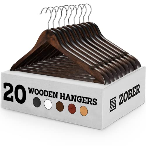 Book Cover Zober Wooden Hangers 20 Pack - Non Slip Wood Clothes Hanger for Suits, Pants, Jackets w/ Bar & Cut Notches - Heavy Duty Clothing Hanger Set - Coat Hangers for Closet - Vintage