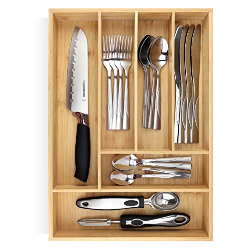 Book Cover PRISTINE BAMBOO 10 inch silverware tray organizerâ€“ Flatware Utensil Cutlery Silverware Holder for Drawer â€“ Small Extra-Deep Wooden Kitchen Drawer Organizer Divider for Spoons Forks Knives cutleries