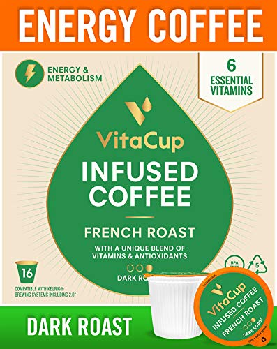 Book Cover VitaCup French Roast Coffee Cups Infused With Essential Vitamins B12, B9, B6, B5, B1, and D3, in Single Serve Keurig Compatible with 2.0 K-Cup Brewers (16 Count)