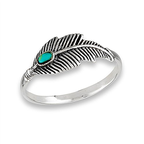 Book Cover Simulated Turquoise Oxidized Feather Ring .925 Sterling Silver Tree Leaf Band Sizes 6-10