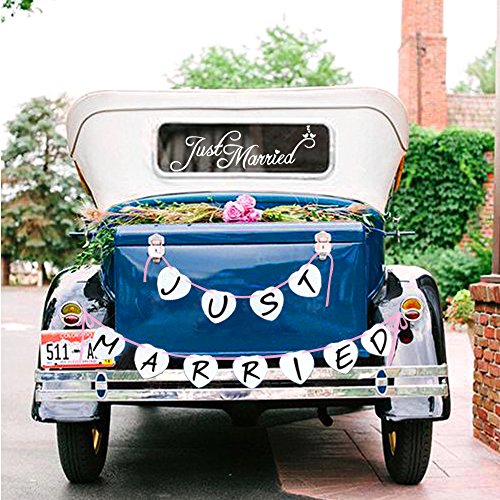 Book Cover Just Married Car Window Decal & Just Married Bunting Banner Bundle, Konsait Just Married Car Sticker (7×23in) with Garland Banner for Wedding Honeymoon Car Decoration Newlywed Wedding Gift