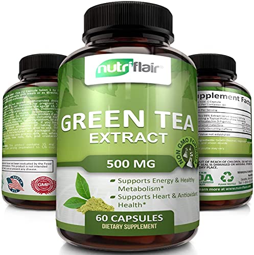 Book Cover NutriFlair Green Tea Extract Supplement, 500mg per Capsule - Natural Weight Loss Supplement - Burns Fat, Boosts Metabolism, Antioxidant Rich, Promotes Healthy Heart (60 Capsules)