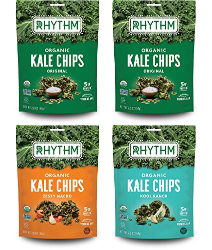 Book Cover Rhythm Superfoods Kale Chips, Variety Pack, Original/Zesty Nacho/Kool Ranch, Organic and Non-GMO, 2.0 Oz (Pack of 4), Vegan/Gluten-Free Superfood Snacks