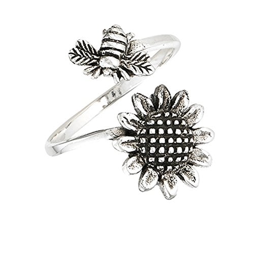 Book Cover Open Adjustable Bee Sunflower Flower Thumb Ring Sterling Silver Band Sizes 6-10