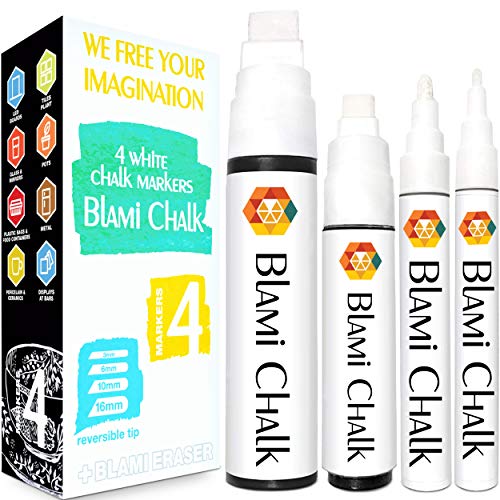 Book Cover Blami Arts White Chalk Markers 4 Pack - Reversible Fine and Jumbo Tips 16mm - 10mm - 6mm - 3mm - Chalkboard Pens for Bistro Glass Windows - Eraser Sponge Included