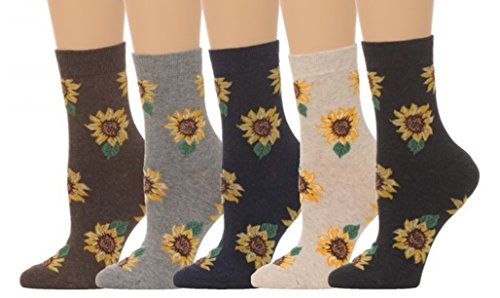 Book Cover Women's Sunflower Print Crew Socks - (5 pair set)