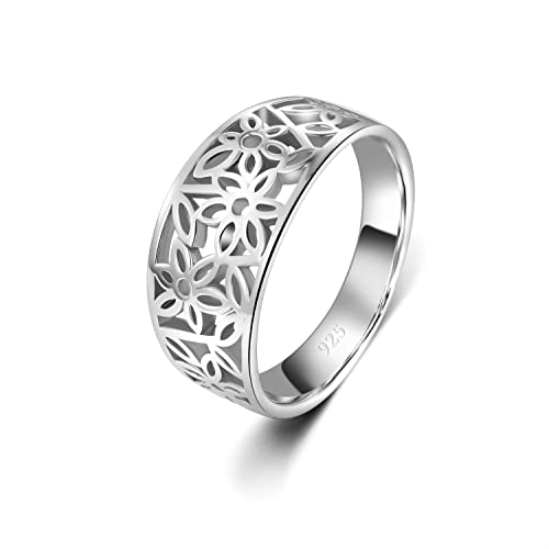 Book Cover BORUO 925 Sterling Silver Ring, High Polish Tarnish Resistant Comfort Fit Victorian Leaf Filigree Vintage Style Ring Size 10