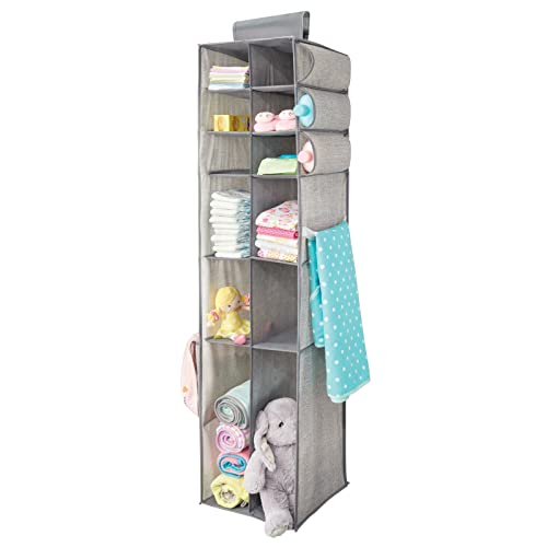 Book Cover mDesign Long Fabric Hanging Organizer - Over Closet Rod Storage with 12 Shelves and Side Pockets for Baby Nursery Bedroom Organization - Hold Clothes, Linens, Toys, Accessories, Lido Collection, Gray