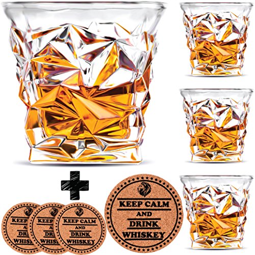 Book Cover Diamond Whiskey Glasses - Set of 4 - by Vaci + 4 Drink Coasters, Ultra Clarity Crystal Scotch Glass, Malt or Bourbon, Glassware Gift Set