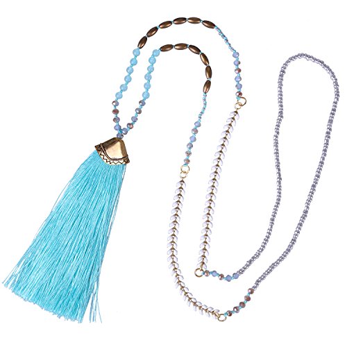 Book Cover KELITCH Syuthetic Turquoise Crystal Beaded Necklace Tassel Layering Pendant Necklace New Jewelry (Blue 1)