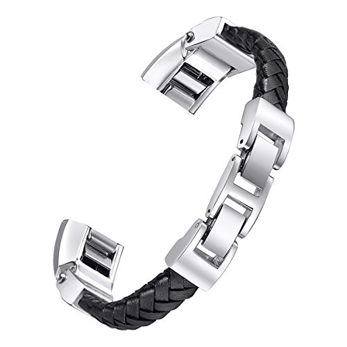 Book Cover bayite Leather Bands Compatible with Fitbit Alta and Alta HR, Adjustable Metal Buckle Leather Wristband, Cord Braided Black Small 5.5
