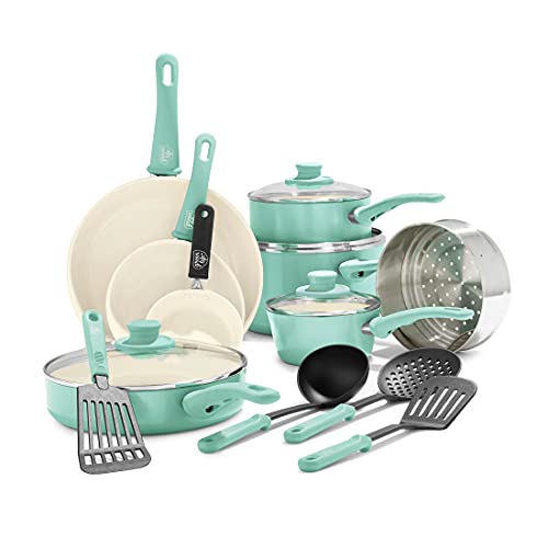 Book Cover GreenLife Soft Grip Healthy Ceramic Nonstick, Cookware Pots and Pans Set, 16 Piece, Turquoise