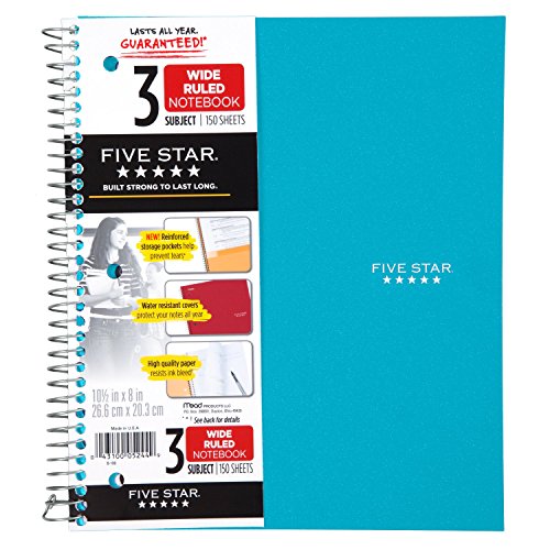 Book Cover Five Star Spiral Notebook, 3 Subject, Wide Ruled Paper, 150 Sheets, 10-1/2