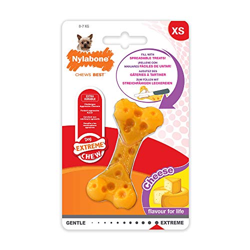 Book Cover Nylabone Extreme Tough Dog Chew Toy Cheese Bone, Durable, Cleans Teeth, Beef Flavour, X-Small, for Dogs Up to 7 kg