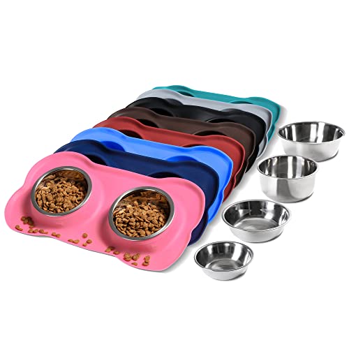 Book Cover Hubulk Pet Dog Bowls 2 Stainless Steel Dog Bowl with No Spill Non-Skid Silicone Mat + Pet Food Scoop Water and Food Feeder Bowls for Feeding Small Medium Large Dogs Cats Puppies (S, Pink)