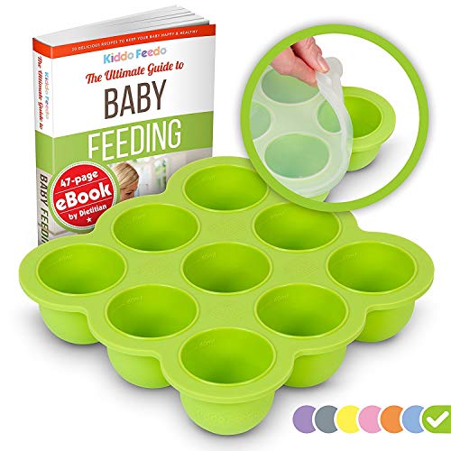 Book Cover KIDDO FEEDO Baby Food Storage Container and Freezer Tray with Silicone Clip-On Lid - 9x2.5oz Easy-Out Portions - Free E-Book by Award-Winning Author/Dietitian - Green