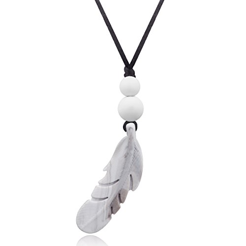 Book Cover Designer Feather Teething Chew Beads Pendant Necklace for Mom,Baby Necklace Teether Toys,100% Silicone BPA Free,16 Inches (Greyish white)