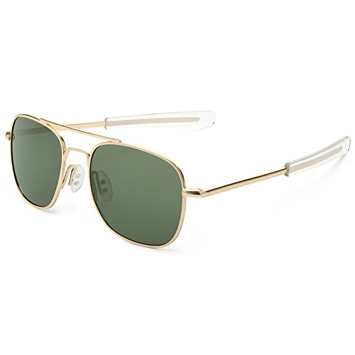Book Cover WELUK Men's Pilot Aviator Sunglasses Polarized 55mm Military Style with Bayonet Temples (Gold/Dark green, 55)