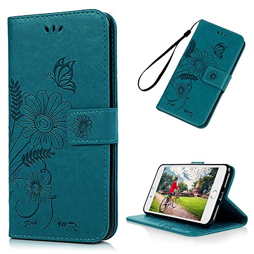Book Cover YOKIRIN iPhone 7 Plus Wallet Case, iPhone 8 Plus Case, Embossed Ant Flower Flip Magnet Closure Premium PU Leather Soft TPU Inner Case Credit Card Slots Protective Cover for iPhone 7/8 Plus - Blue