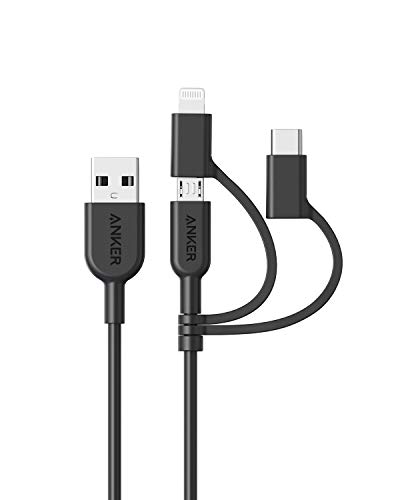 Book Cover Anker Powerline II 3-in-1 Cable, Lightning/Type C/Micro USB Cable for iPhone, iPad, Huawei, HTC, LG, Samsung Galaxy, Sony Xperia, Android Smartphones, iPad Pro 2018 and More(3ft, Black)