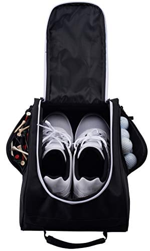 Book Cover Athletico Golf Shoe Bag - Zippered Shoe Carrier Bags with Ventilation & Outside Pocket for Socks, Tees, etc. Perfect Storage (Black)