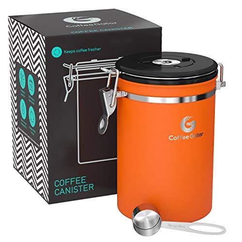 Book Cover Coffee Gator Coffee Storage - Stainless Steel Tea and Sugar Containers - Canisters w/Date-Tracker, CO2 Valve for Freshness & Scoop - Large, Orange