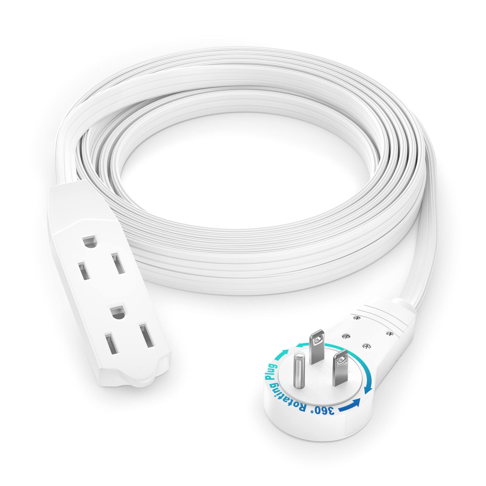 Book Cover Maximm Cable 10 Ft 360° Rotating Flat Plug Extension Cord/Wire, 16 AWG Multi 3 Outlet Extension Wire, 3 Prong Grounded Wire - White - UL Certified 10 Feet
