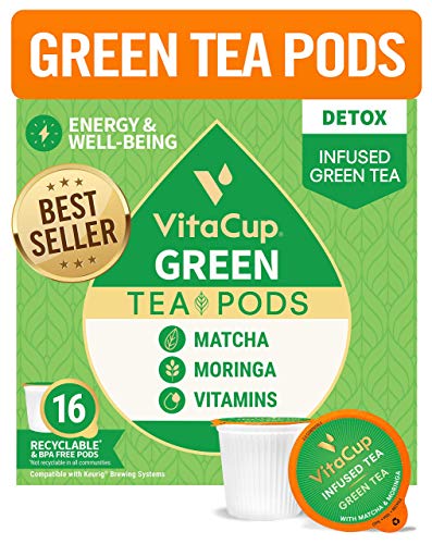 Book Cover VitaCup Green Tea Pods 16ct with Matcha, Moringa, and Vitamins, Keto|Paleo|Whole30 Friendly, B1, B5, B6, B9, B12, D3 Compatible with K-Cup Brewers Including Keurig 2.0, Top Rated Tea