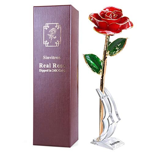 Book Cover Sinvitron Gold Dipped Rose, Long Stem 24k Gold Dipped Real Rose Lasted Forever with Stand, Best for Her