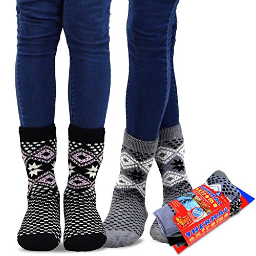 Book Cover TeeHee Super Warm Brushed Thermal Crew Socks 2 Pairs Pack (9-11, Snow Flake GRY/BLK)