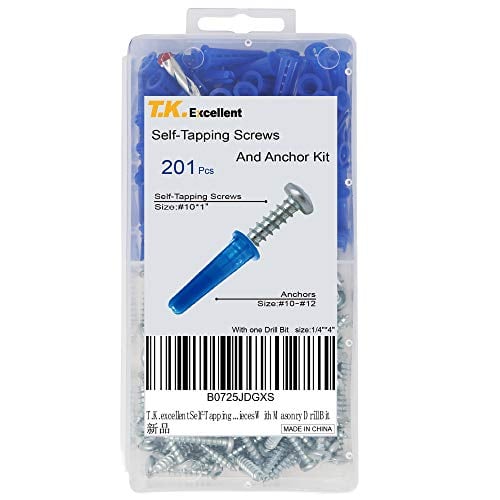 Book Cover T.K.Excellent Drywall Anchors and Screws Assortment Kit, 200PCs Masonry Anchors with One Drill Bit,100 Brick Wall Anchors and 100 Self Tapping Screws