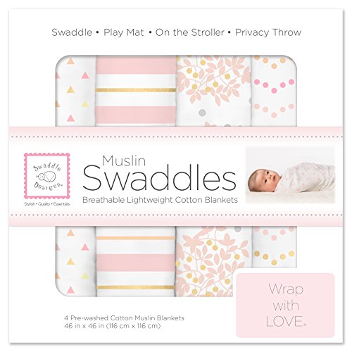 Book Cover SwaddleDesigns Cotton Muslin Swaddle Blankets, Set of 4, Pink Heavenly Floral