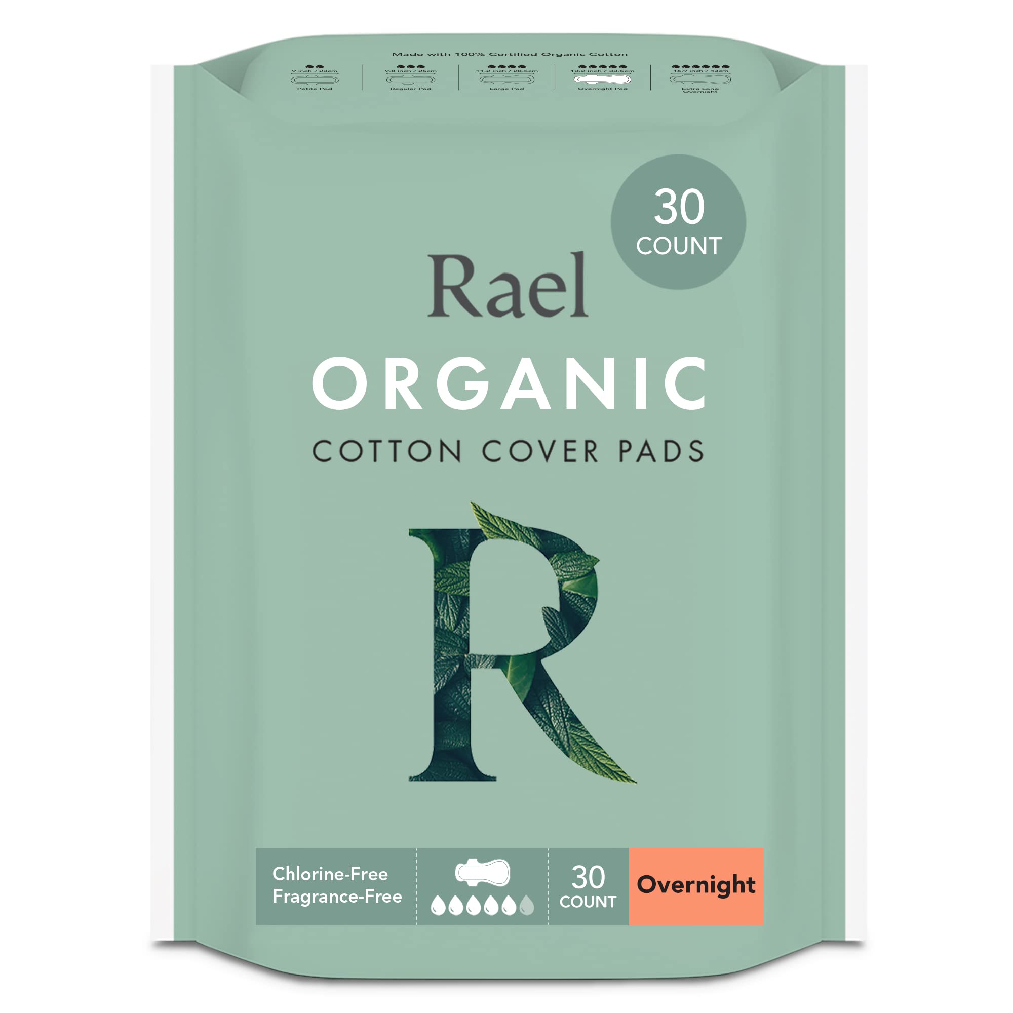 Book Cover Rael Pads for Women, Organic Cotton Cover - Period Pads with Wings, Feminine Care, Sanitary Napkins, Heavy Absorbency, Unscented, Ultra Thin (Overnight, 30 Count) Overnight 30 Count (Pack of 1)