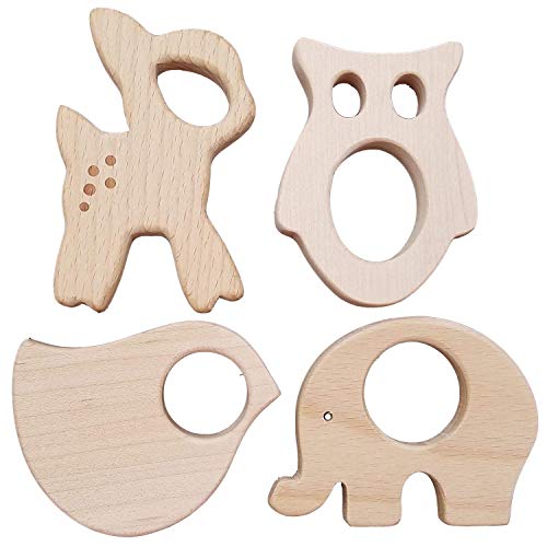 Book Cover Natural Wooden Baby teether Toys 4pk Forest Animal Set, Fine Motor Development and Sensory Skills Toy, Perfect Shower Gift- Unfinished Wood