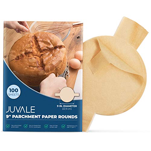 Book Cover Juvale 100 Count Round Parchment Paper - Unbleached Parchment Paper, Baking Paper Sheets, Cake Pan Liners Easy Lift Tabs 9-inch Round Cake Pans, Brown