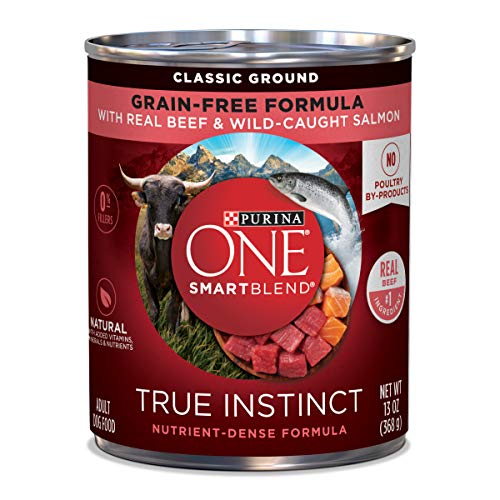 Book Cover Purina ONE Grain Free, Natural Pate Wet Dog Food, SmartBlend True Instinct With Beef & Wild Caught Salmon - (12) 13 oz. Cans