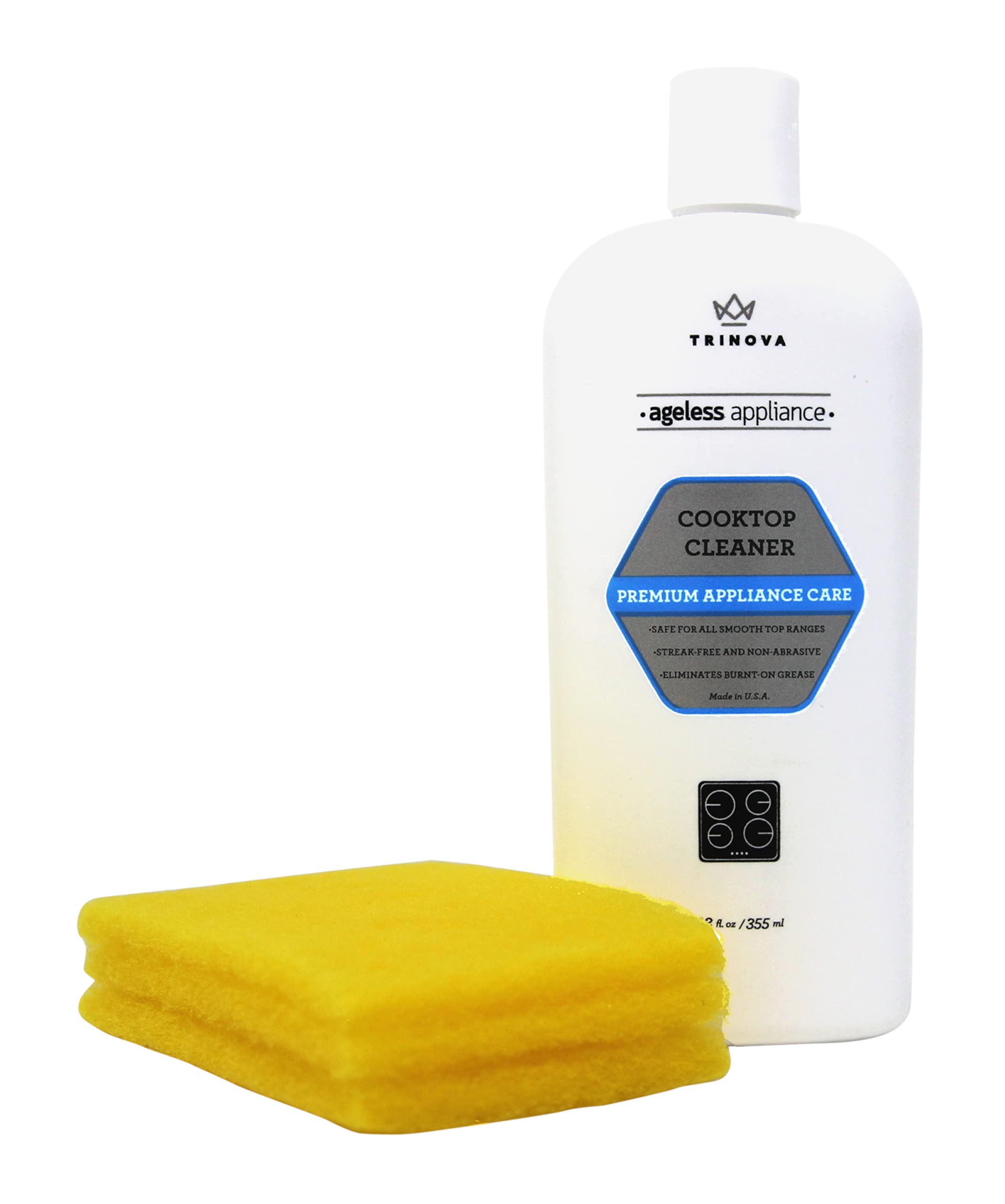 Book Cover TriNova Premium Cooktop Cleaner and Scrubbing Pads. Best Cleaning Kit for Smooth Top Ranges & Stoves of Glass, Ceramic. Non-Abrasive and Scratch Free scouring sponges with Cream Formula 12oz.