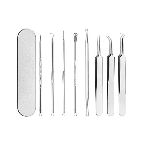 Book Cover Pinkiou Blackhead Removers Comedone Pimple Removal Extractors Acne Blemish Needles Tool Kit Nose Face Skincare, 8-in-1 with Metal Case