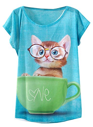 Book Cover futurino Women's Lovely Cup Cat in Teacup Print Short Sleeve T Shirt Tops